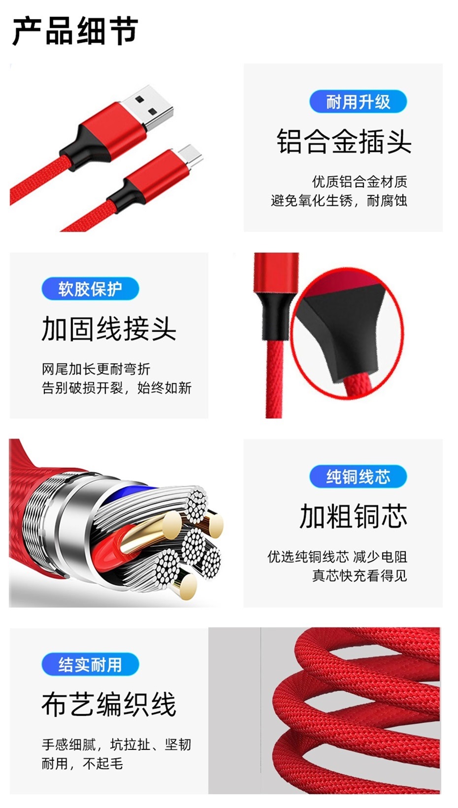 三合一布藝編織數據線細節